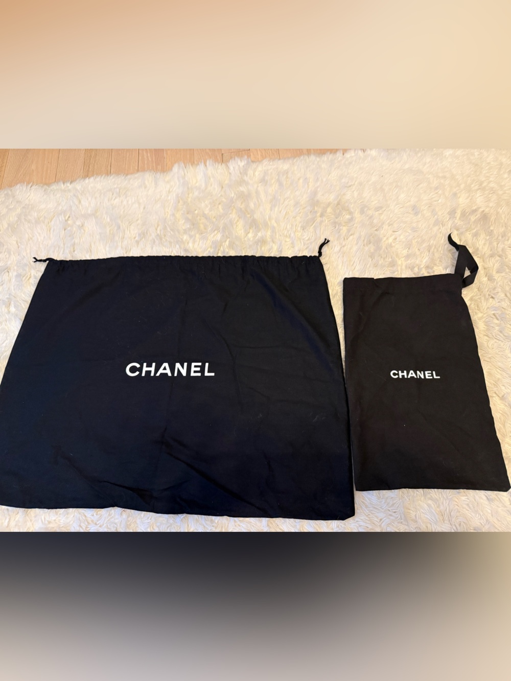 CHANEL Black Drawstring Dust Bag Pair with White Logo